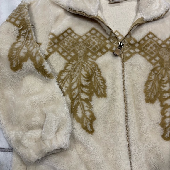 Milton Funwear Plush Fleece Jacket Cream & Beige Feather Design Vtg 90s Med - Picture 2 of 7